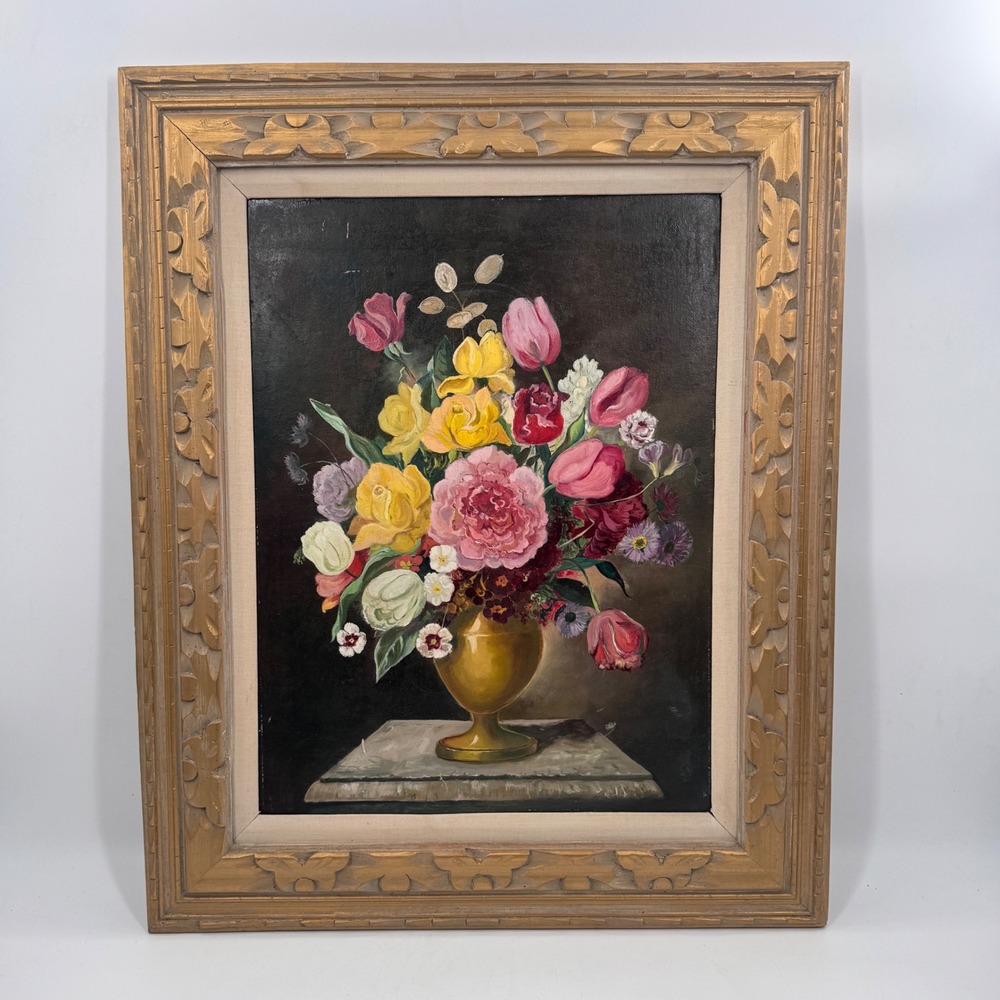 Vintage European School Floral Still Life Oil on Board Tulips